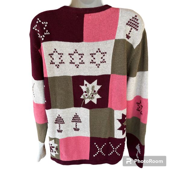 Vintage Christopher & Banks Patchwork Crew Neck Knit Sweater Pink Tan Womens L - Picture 5 of 8